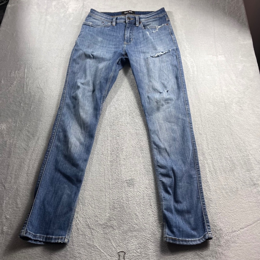 DU/ER Men Performance Denim Relaxed Taper Jeans Blue Distressed MFLR5021 30x32